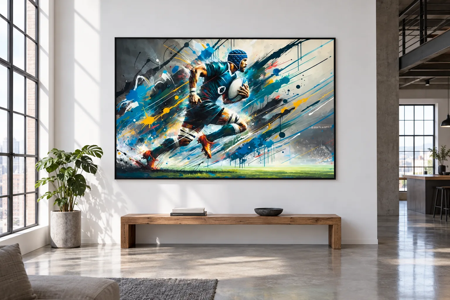 Affiche rugby « Assaut coloré » encadrée en A0 sur le grand mur d'un loft
