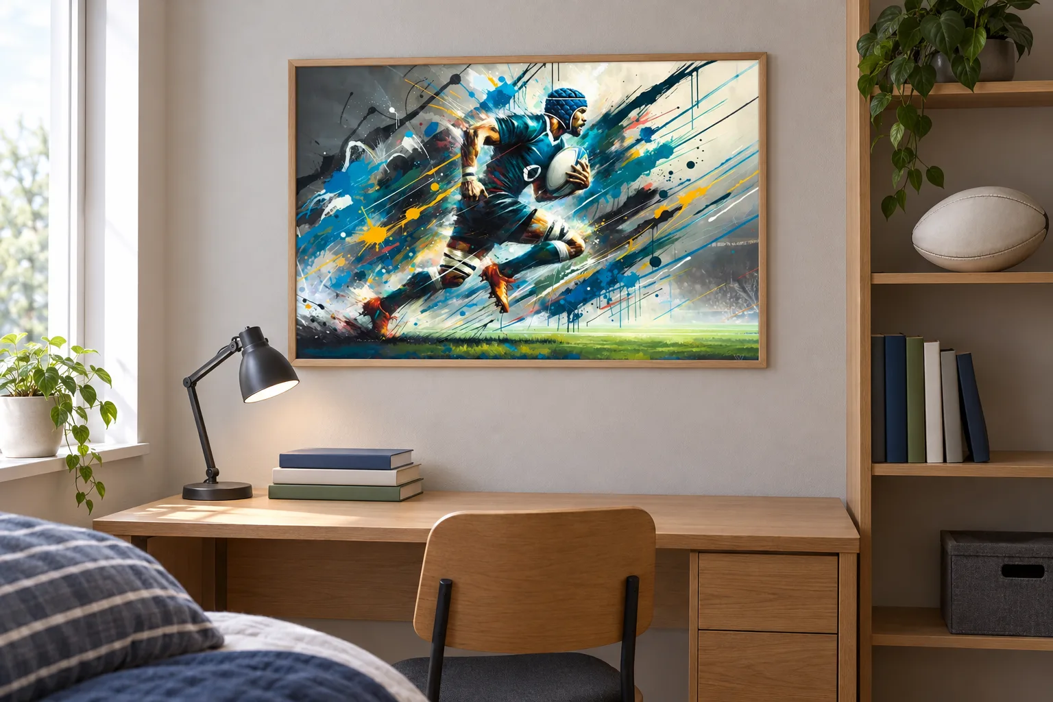Affiche rugby « Assaut coloré » encadrée dans une chambre, au-dessus d'un bureau