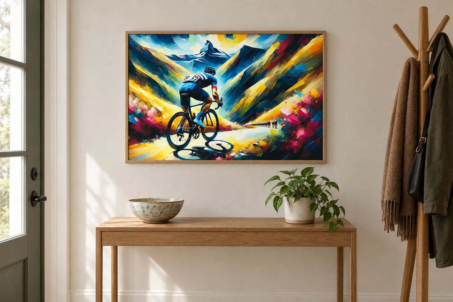 Affiche cyclisme « Ascension éclatante » encadrée en A2 au-dessus d'une console d'entrée