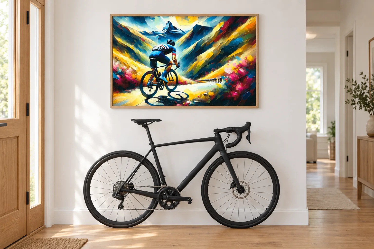 Affiche cyclisme « Ascension éclatante » encadrée dans une entrée, au-dessus d'un vélo de route
