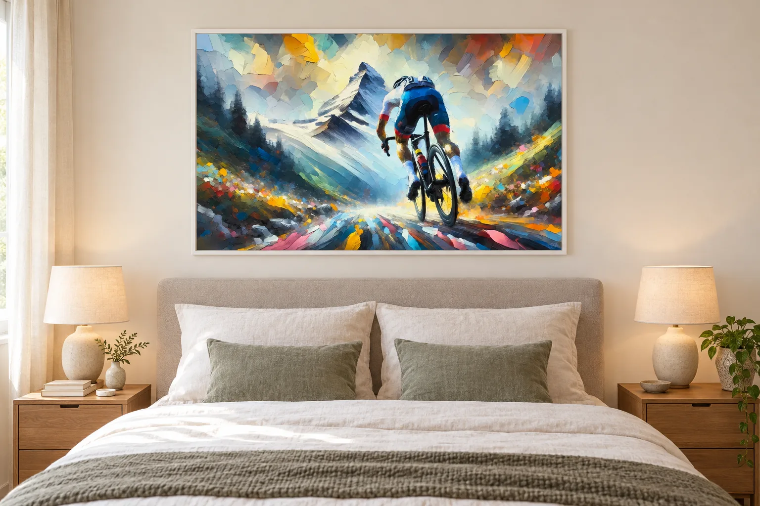 Affiche cyclisme « Frénésie des sommets » encadrée en A1 au-dessus d'un lit