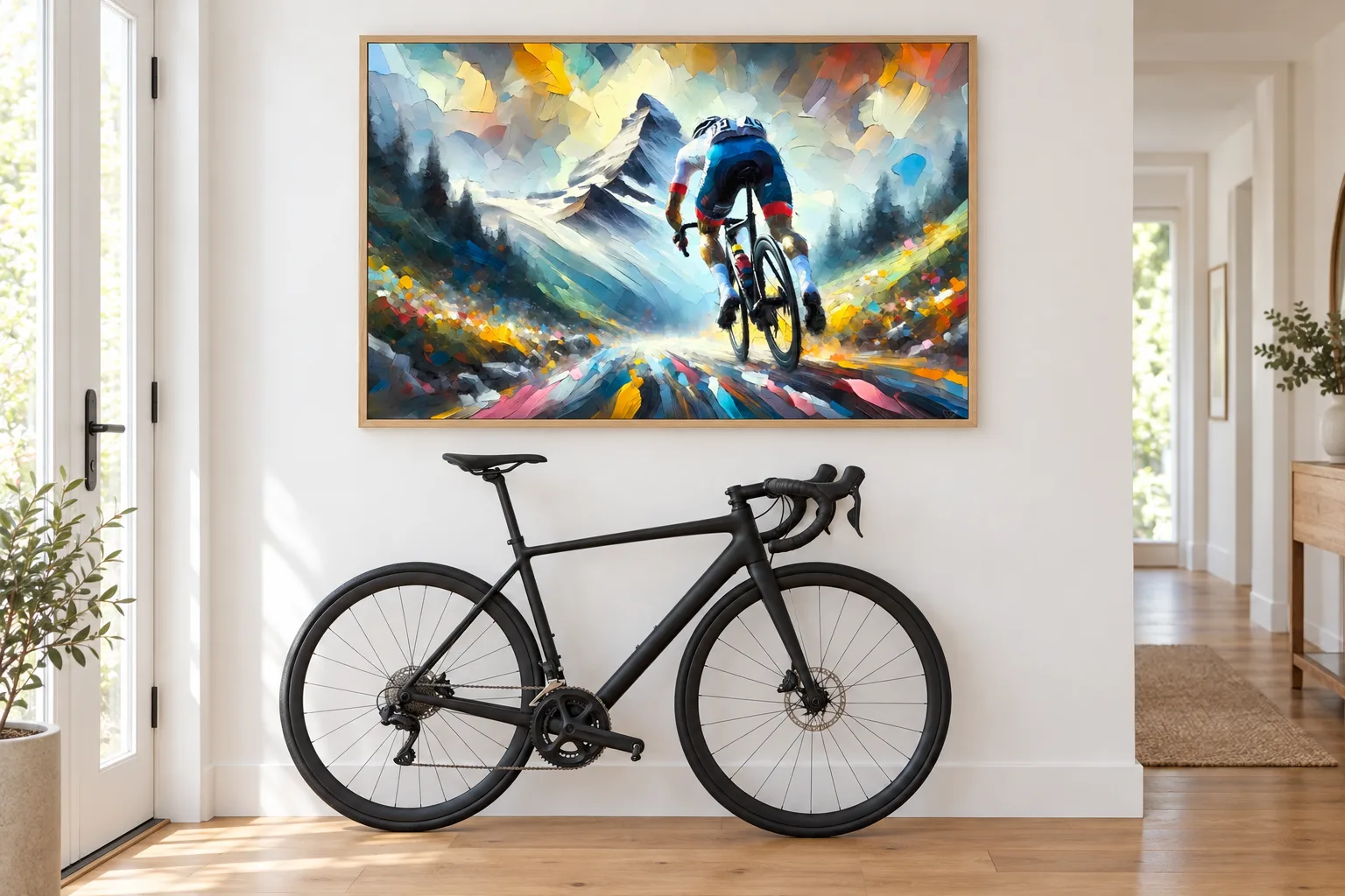 Affiche cyclisme « Frénésie des sommets » encadrée dans une entrée, au-dessus d'un vélo de route
