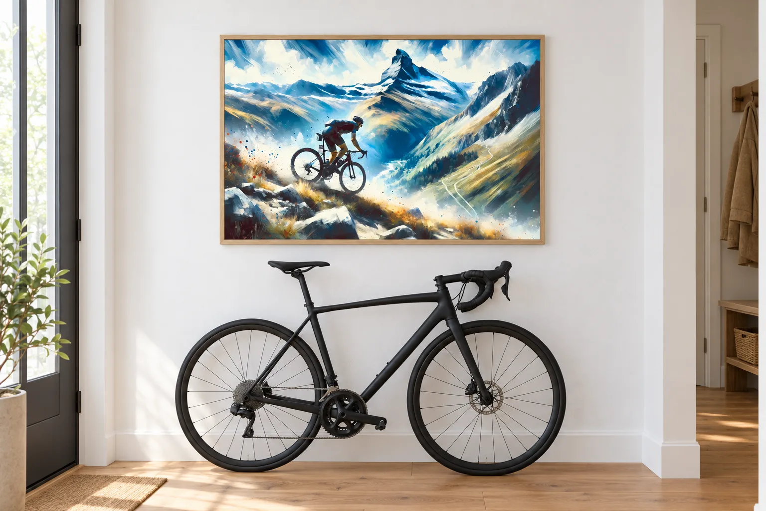 Affiche cyclisme « Frisson alpin » encadrée dans une entrée, au-dessus d'un vélo de route