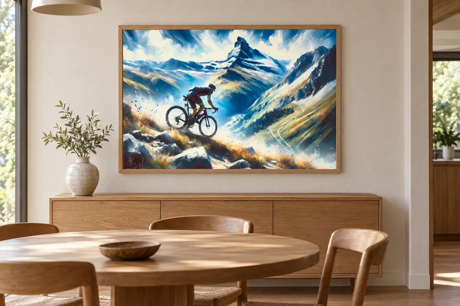 Affiche cyclisme « Frisson alpin » encadrée en A1 au-dessus d'un buffet dans une salle à manger