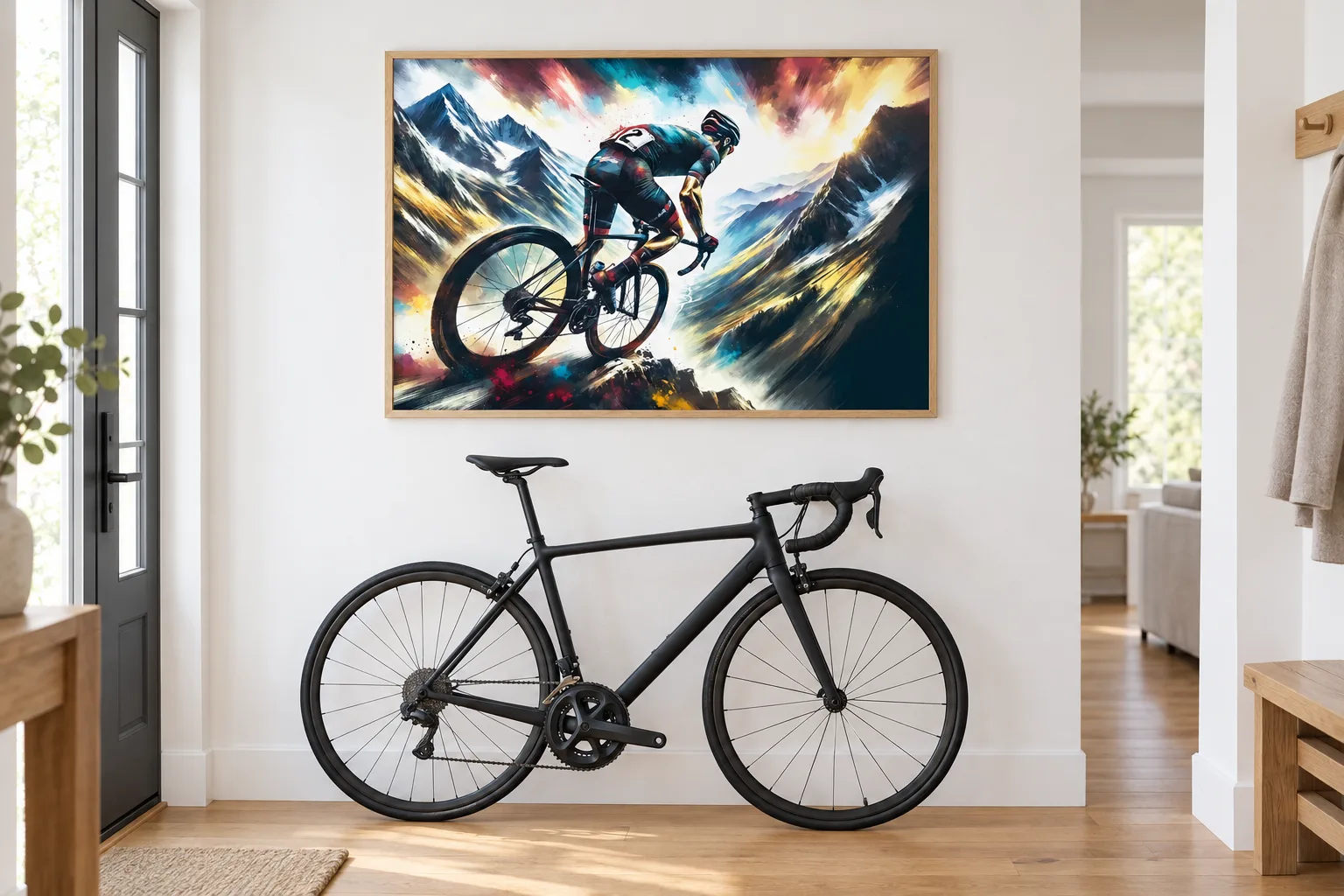 Affiche cyclisme « Fureur des hauteurs » encadrée dans une entrée, au-dessus d'un vélo de route