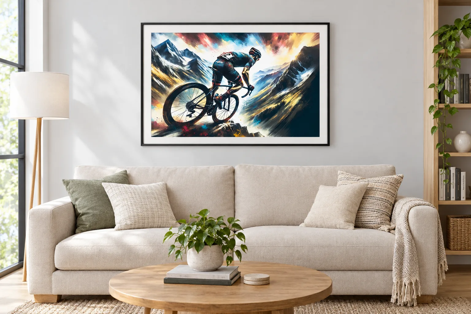 Affiche cyclisme « Fureur des hauteurs » encadrée au-dessus d'un canapé dans un salon