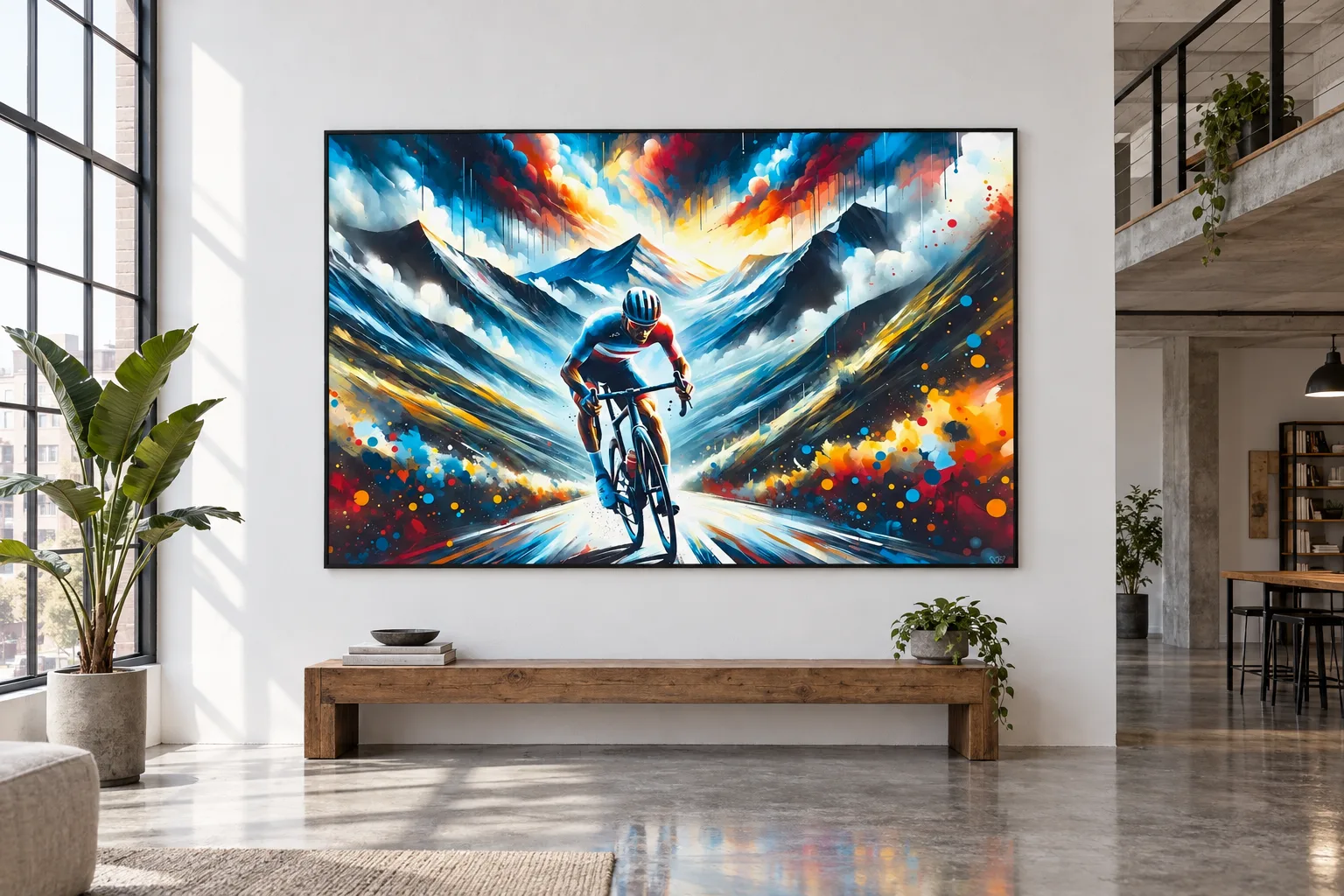 Affiche cyclisme « Orage de vitesse » encadrée en A0 sur le grand mur d'un loft