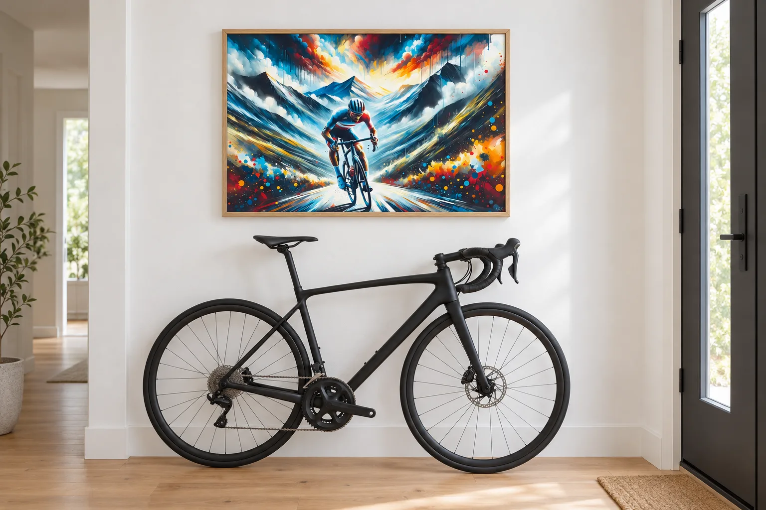 Affiche cyclisme « Orage de vitesse » encadrée dans une entrée, au-dessus d'un vélo de route