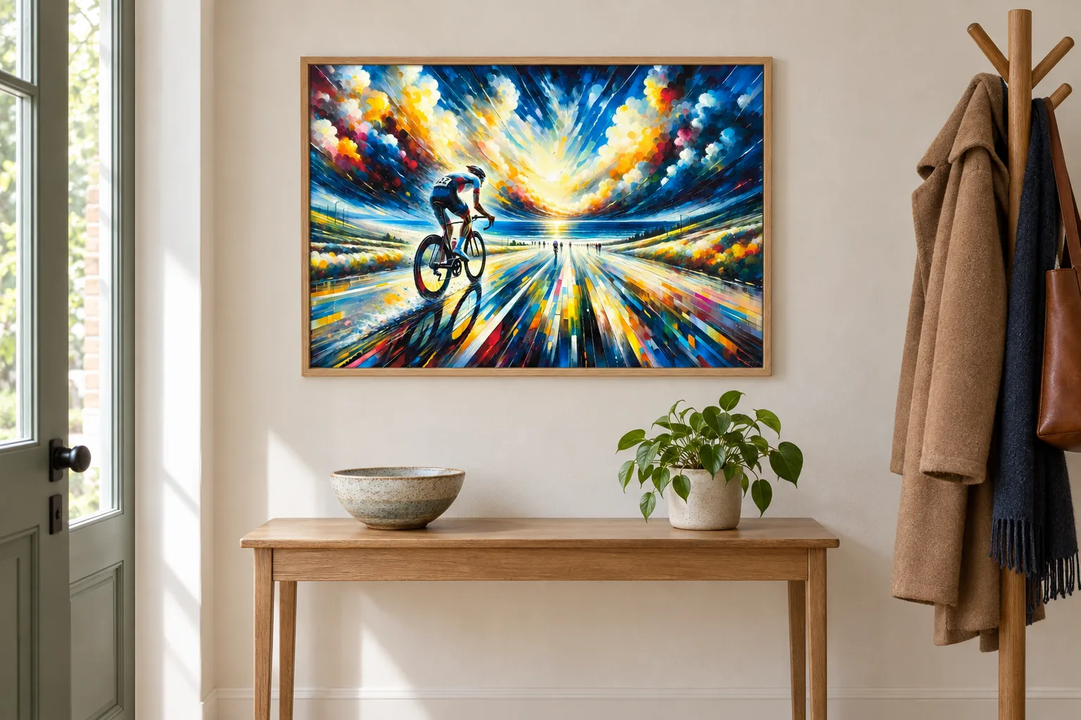 Affiche cyclisme « Rhapsodie en roue libre » encadrée en A2 au-dessus d'une console d'entrée