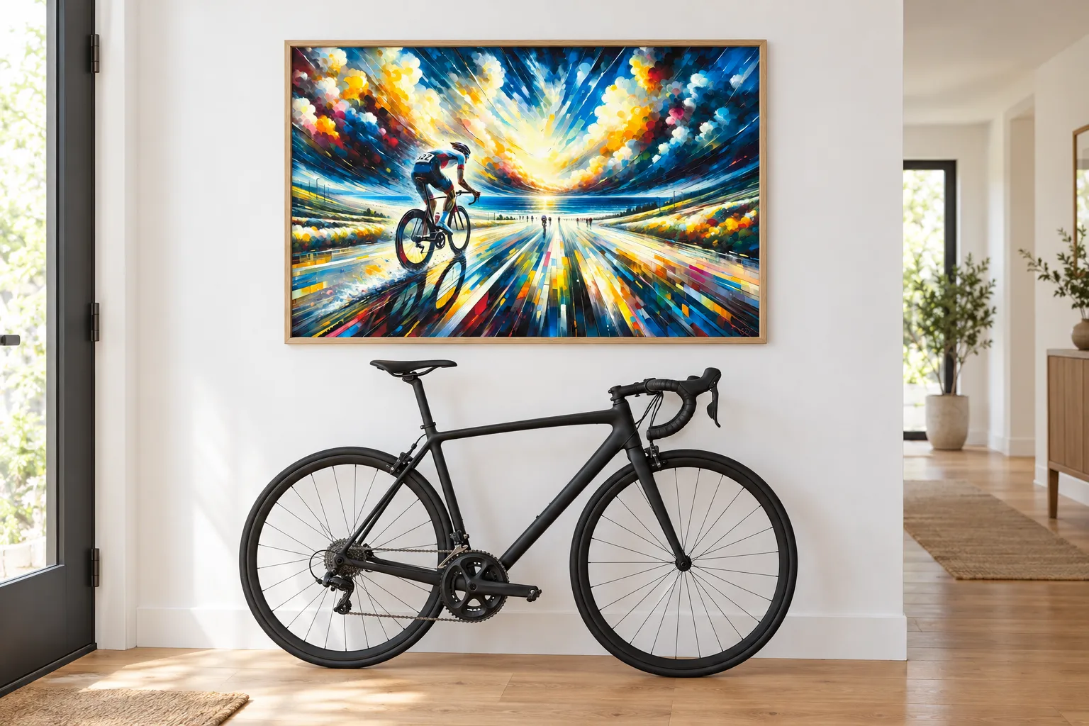 Affiche cyclisme « Rhapsodie en roue libre » encadrée dans une entrée, au-dessus d'un vélo de route