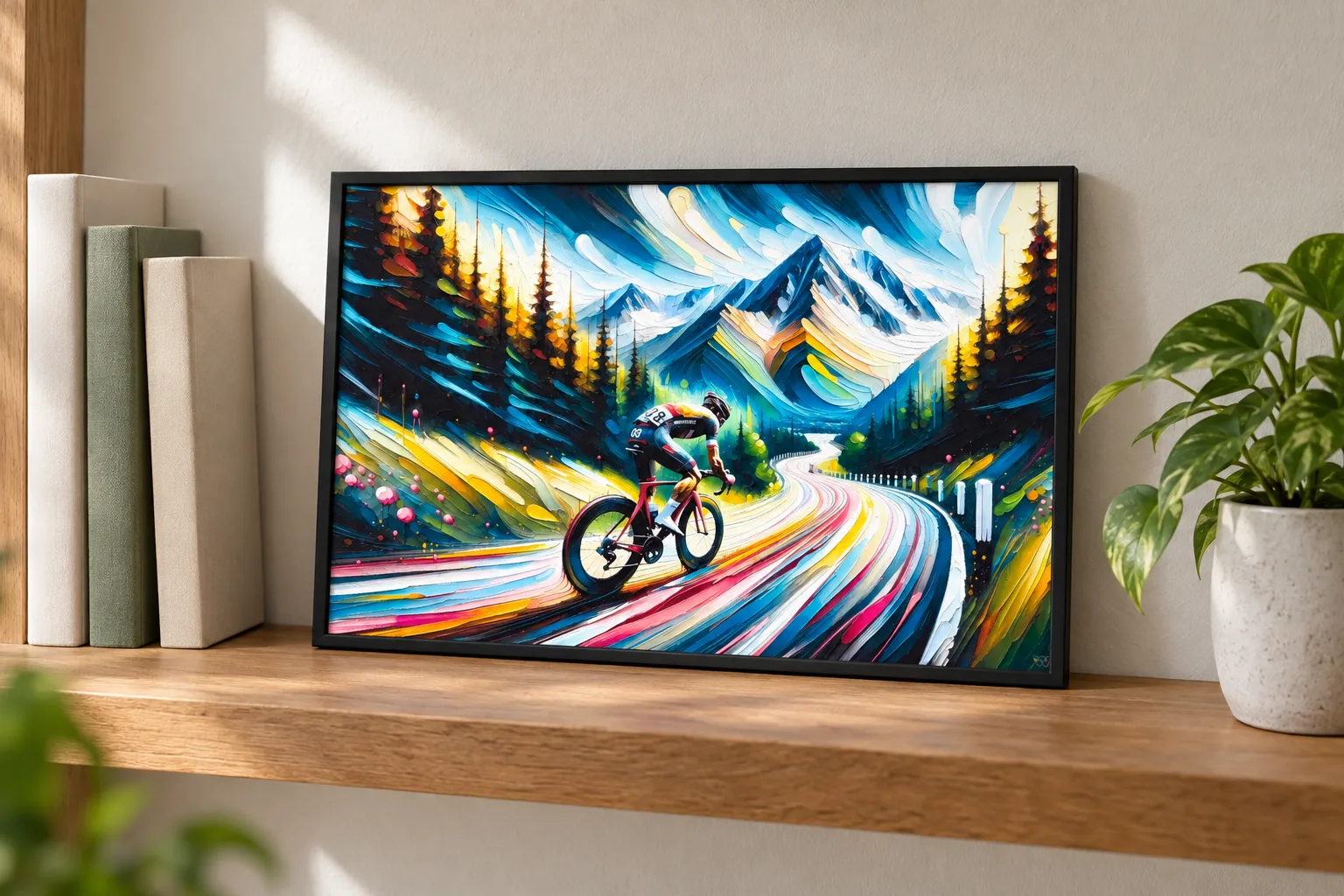Affiche cyclisme « Virages montagnards » encadrée en A3, posée sur une étagère