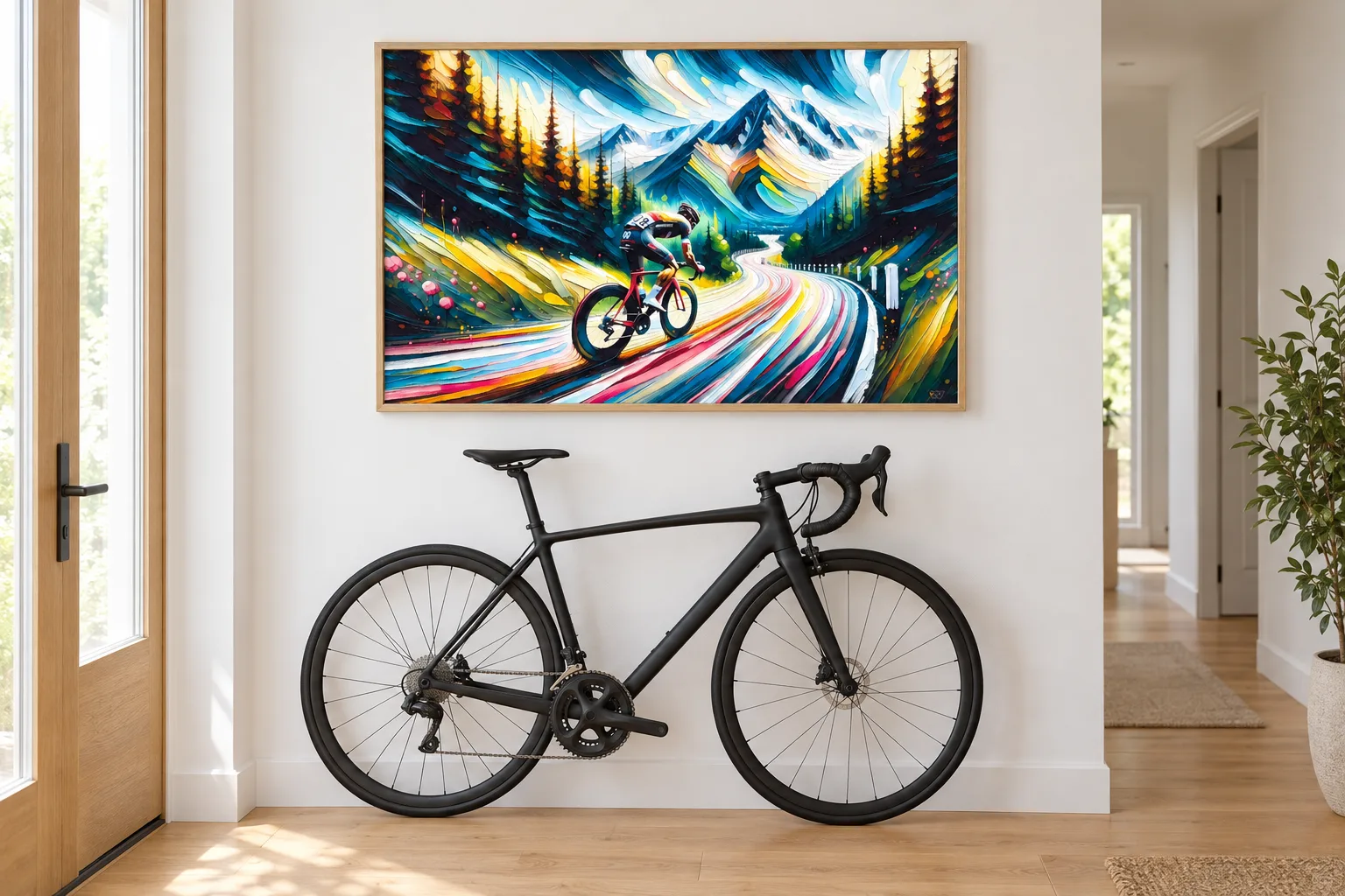 Affiche cyclisme « Virages montagnards » encadrée dans une entrée, au-dessus d'un vélo de route