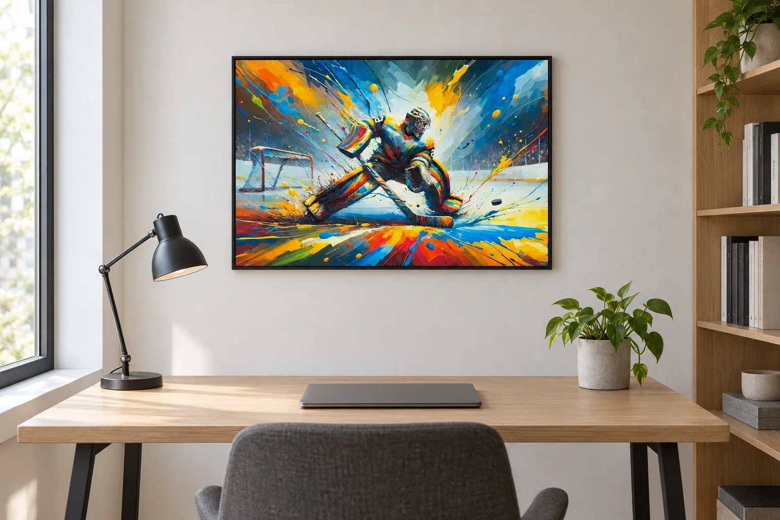 Affiche hockey « Impact glacial » encadrée en A2 au-dessus d'un bureau