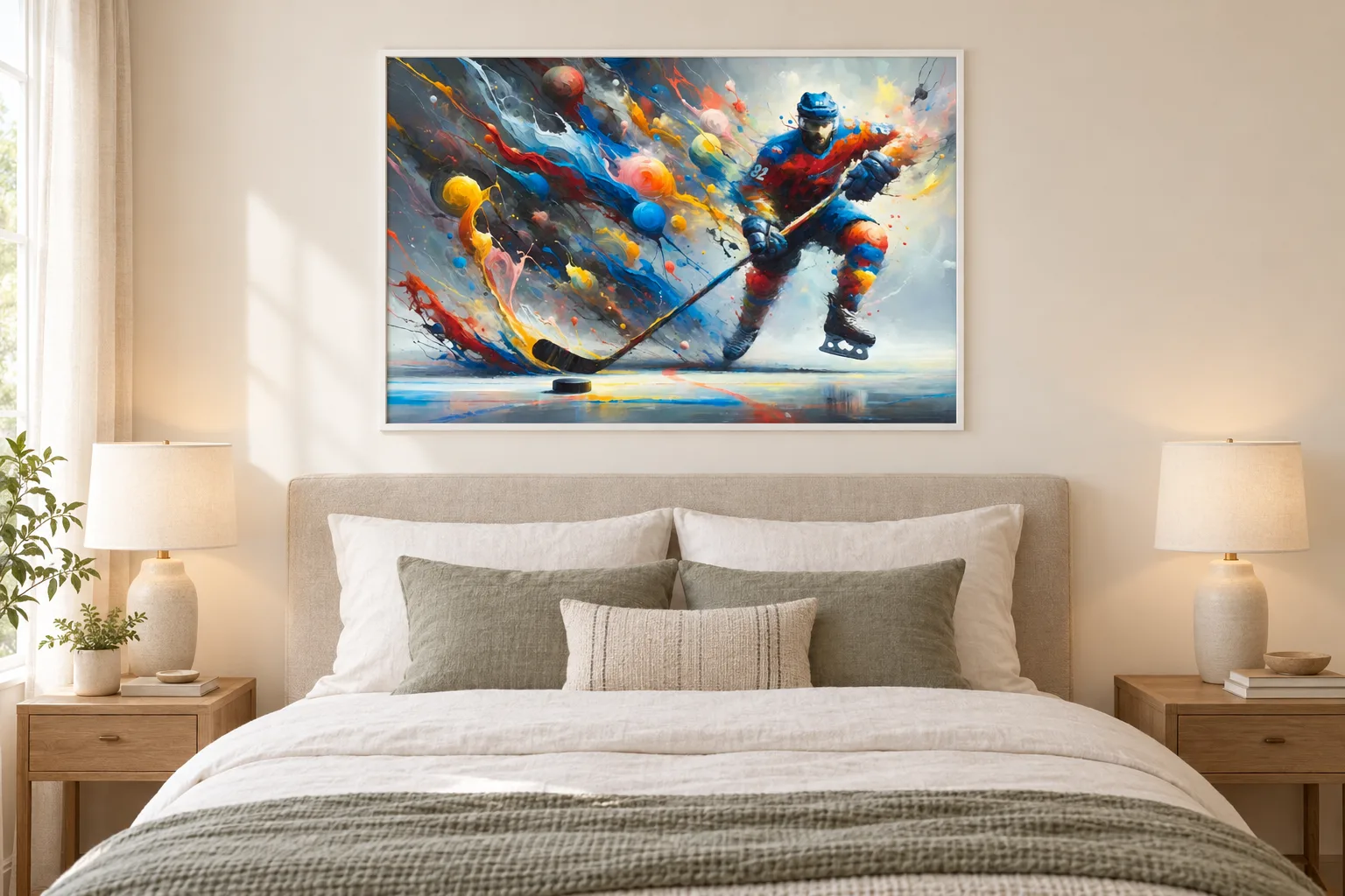 Affiche hockey « Prélude au tir » encadrée en A1 au-dessus d'un lit