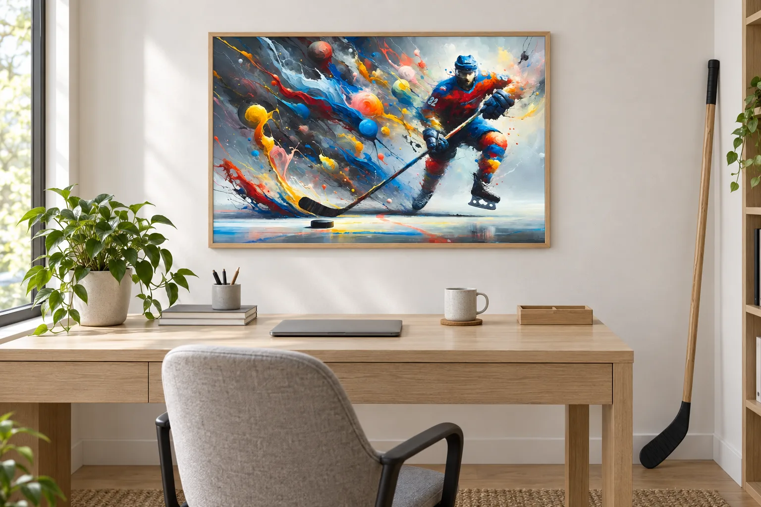 Affiche hockey « Prélude au tir » encadrée au-dessus d'un bureau