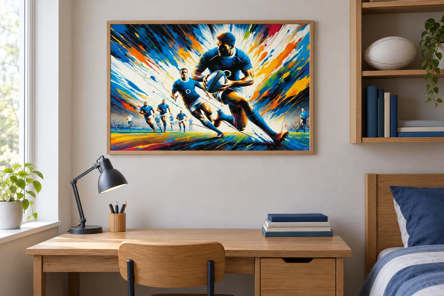 Affiche rugby « Au cœur de l'action » encadrée dans une chambre, au-dessus d'un bureau