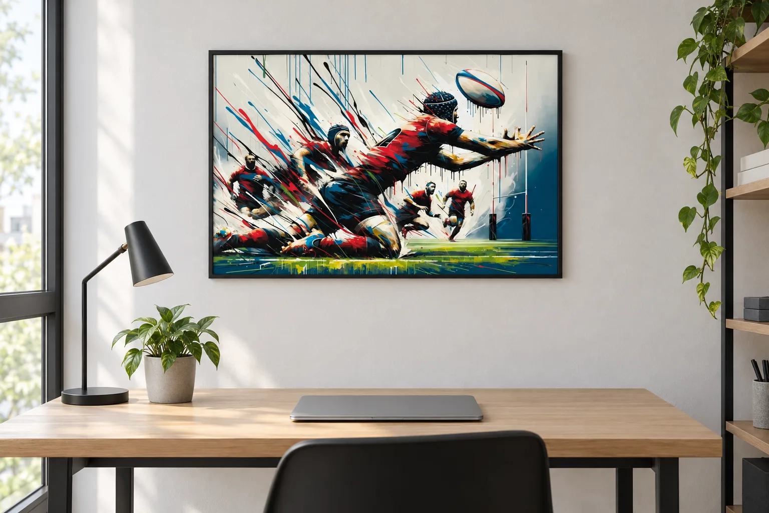 Affiche rugby « Charge héroïque » encadrée en A2 au-dessus d'un bureau