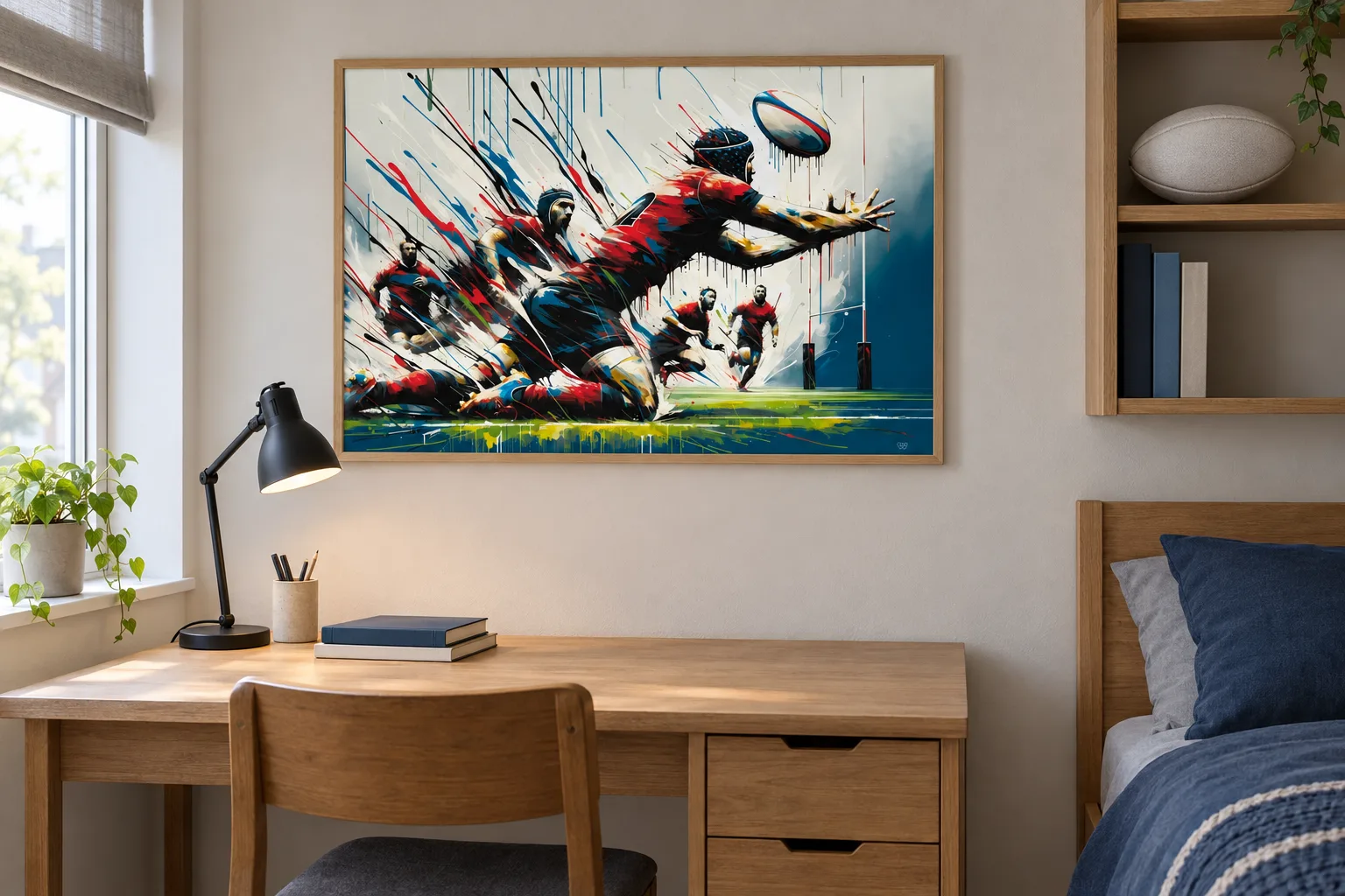 Affiche rugby « Charge héroïque » encadrée dans une chambre, au-dessus d'un bureau