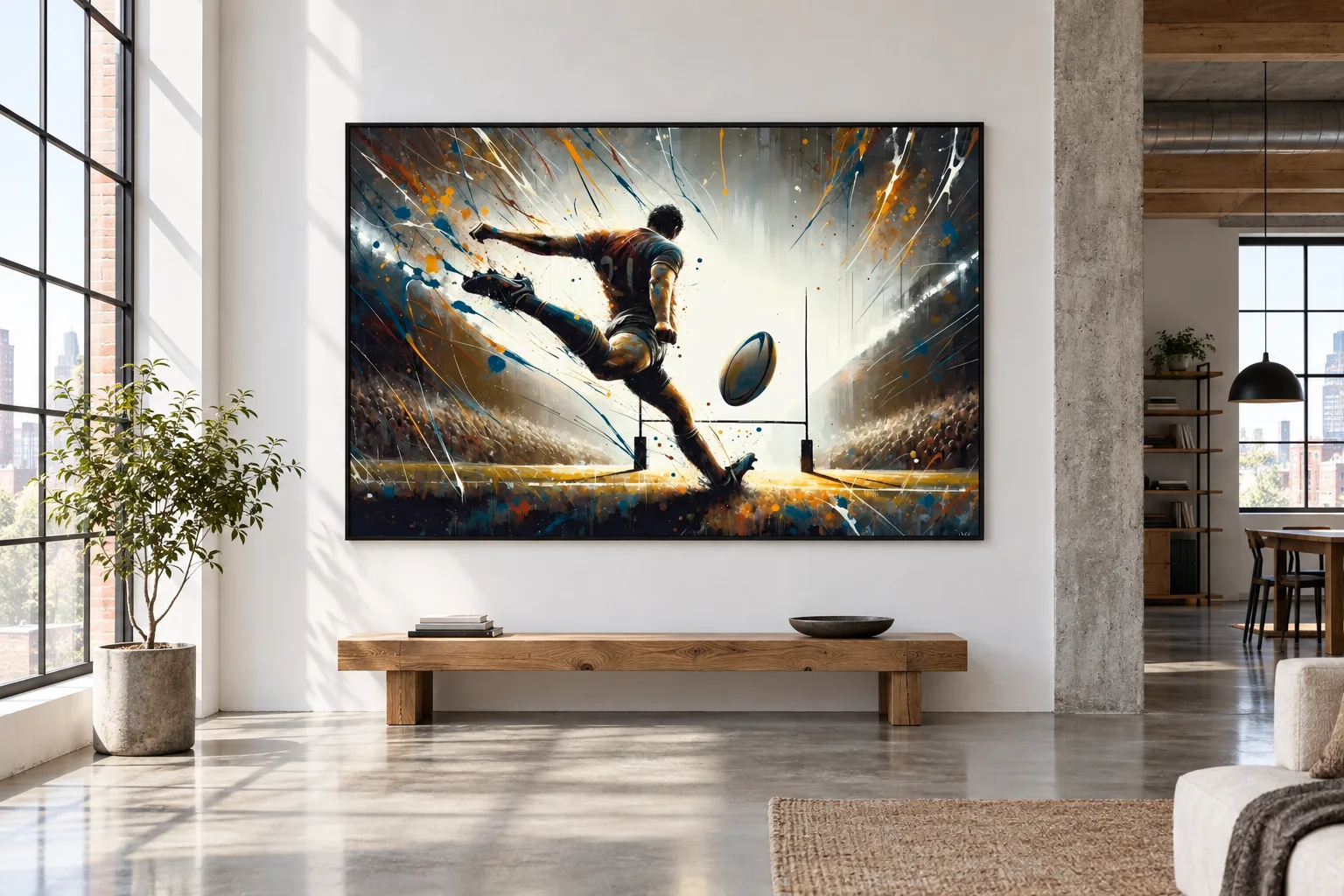 Affiche rugby « Élan vital » encadrée en A0 sur le grand mur d'un loft
