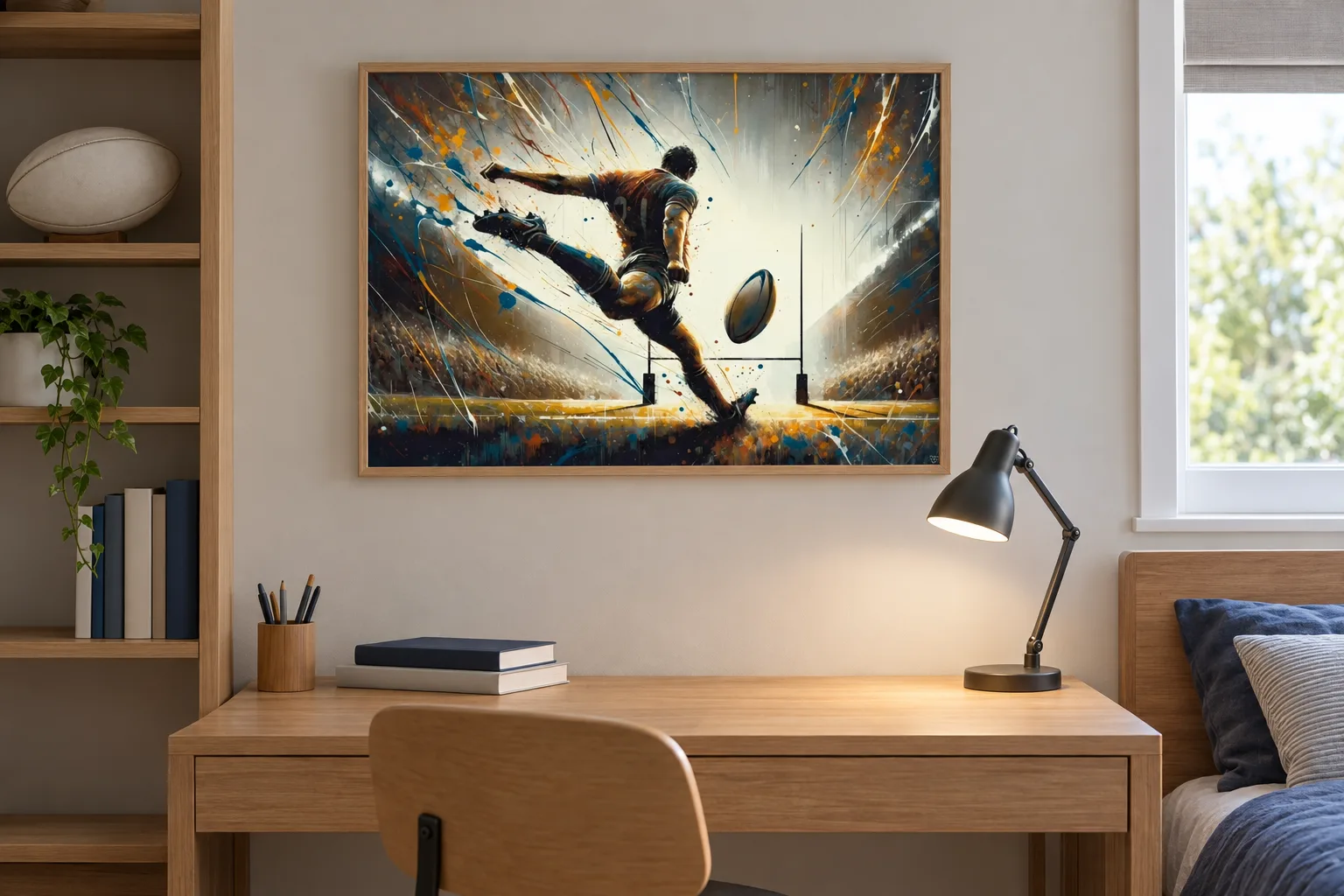 Affiche rugby « Élan vital » encadrée dans une chambre, au-dessus d'un bureau