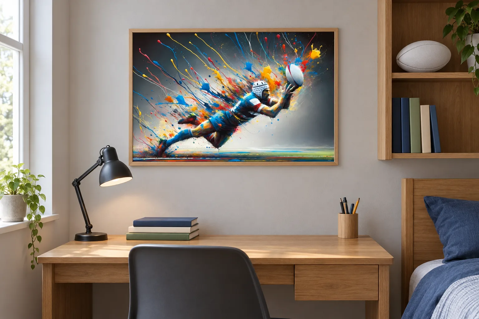 Affiche rugby « Essai arc-en-ciel » encadrée dans une chambre, au-dessus d'un bureau