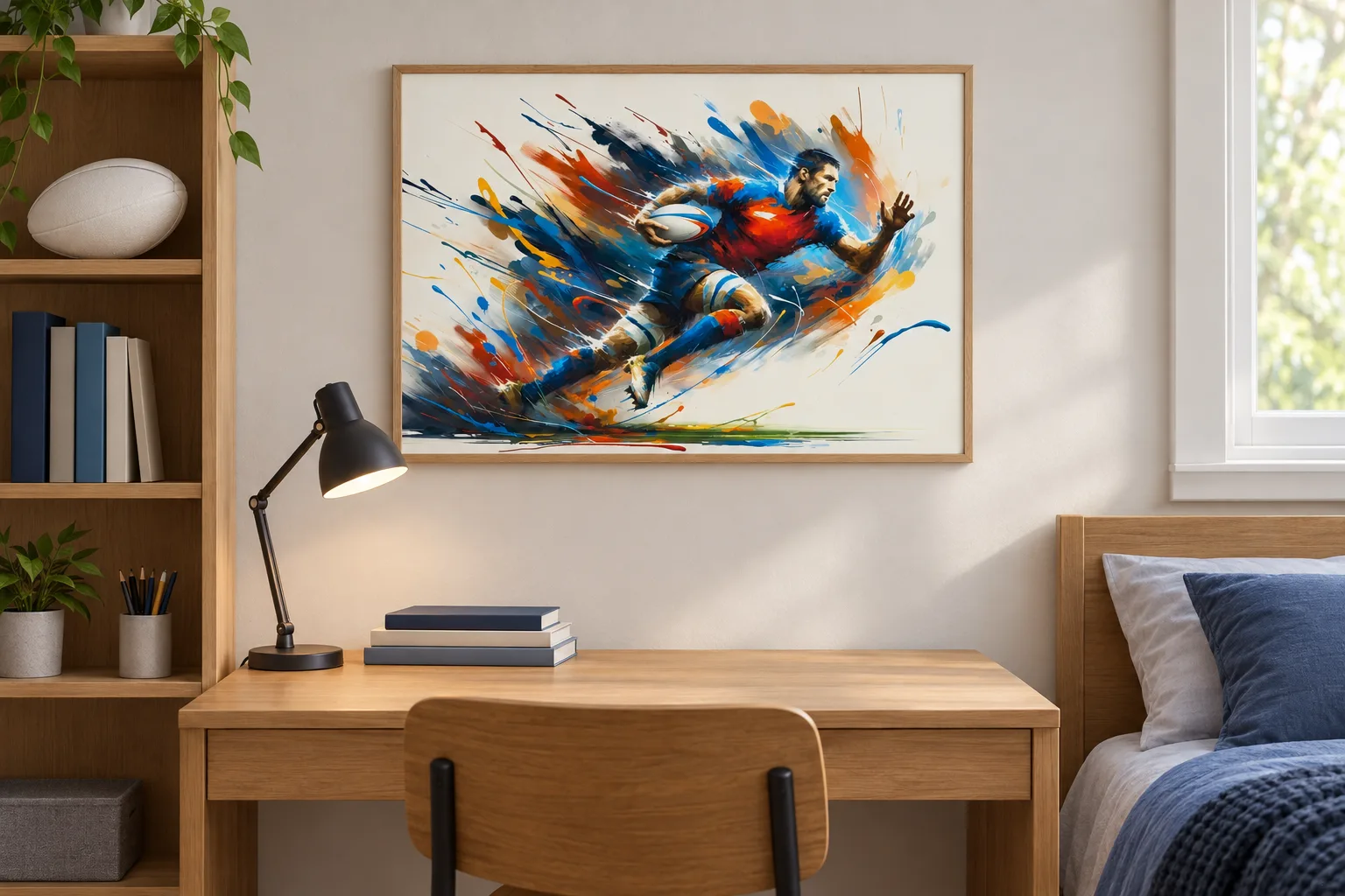 Affiche rugby « Foulée explosive » encadrée dans une chambre, au-dessus d'un bureau