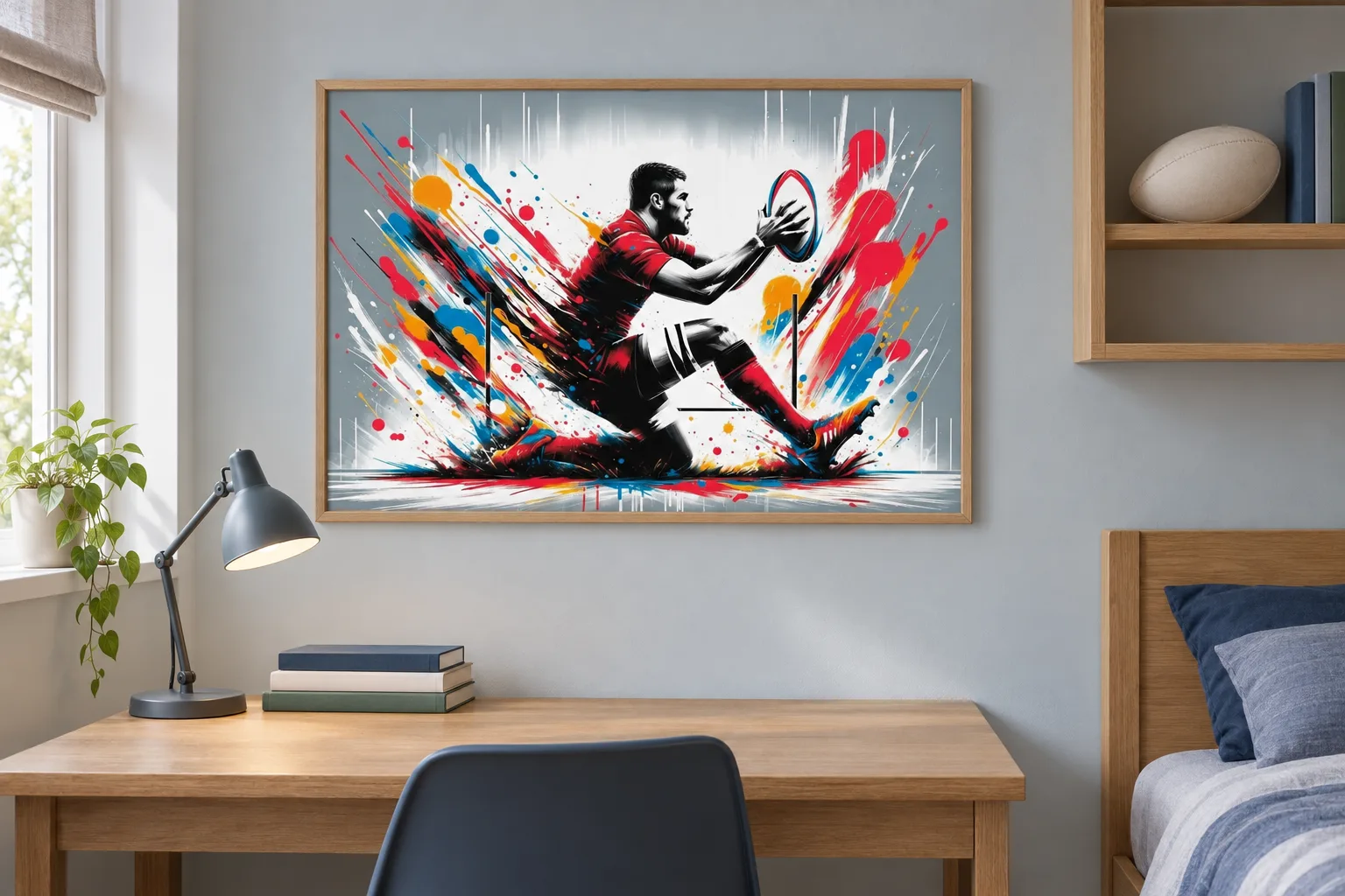 Affiche rugby « Impact du numéro 10 » encadrée dans une chambre, au-dessus d'un bureau