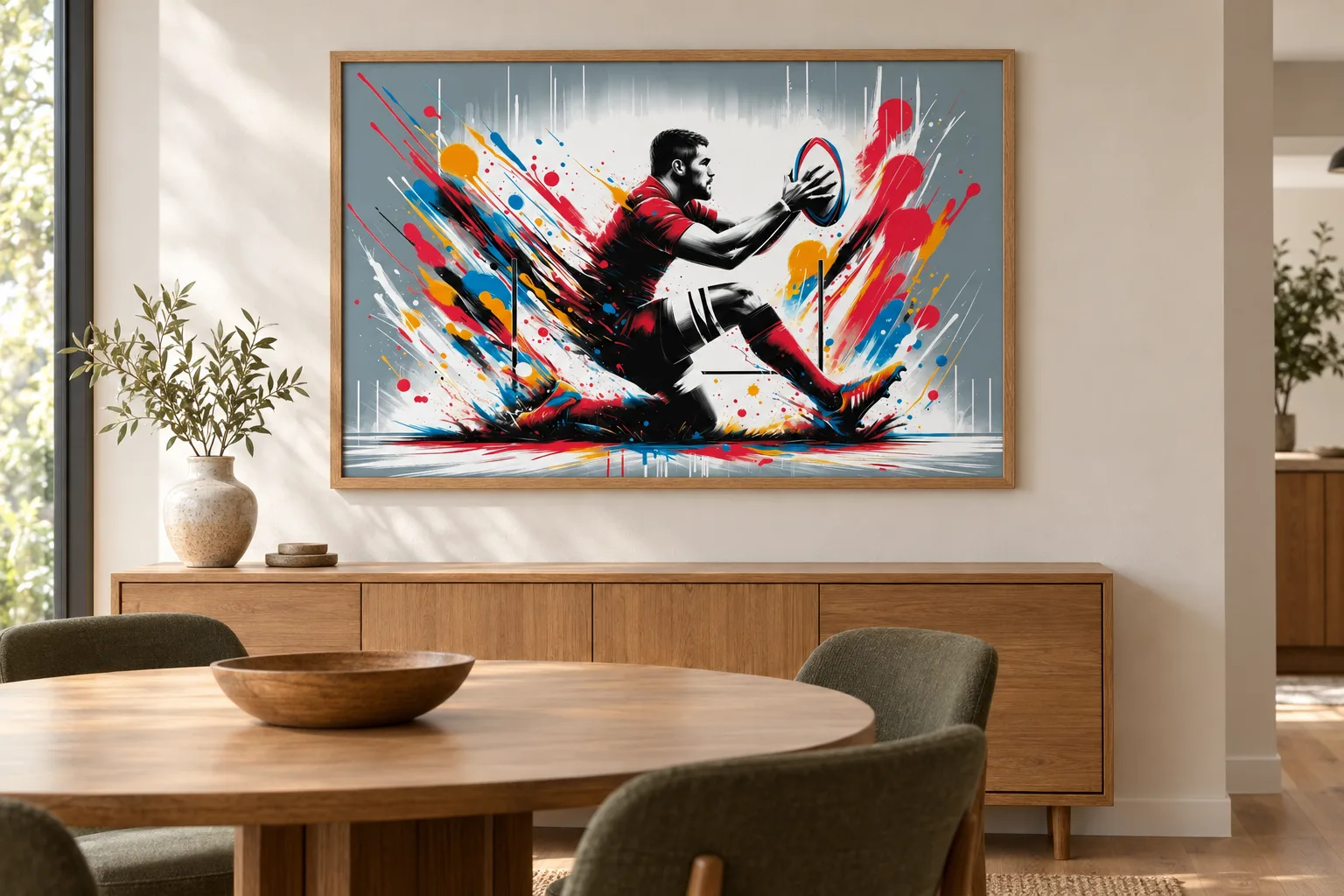 Affiche rugby « Impact du numéro 10 » encadrée en A1 au-dessus d'un buffet dans une salle à manger