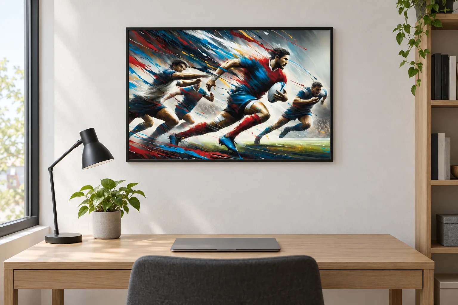 Affiche rugby « Percée foudroyante » encadrée en A2 au-dessus d'un bureau