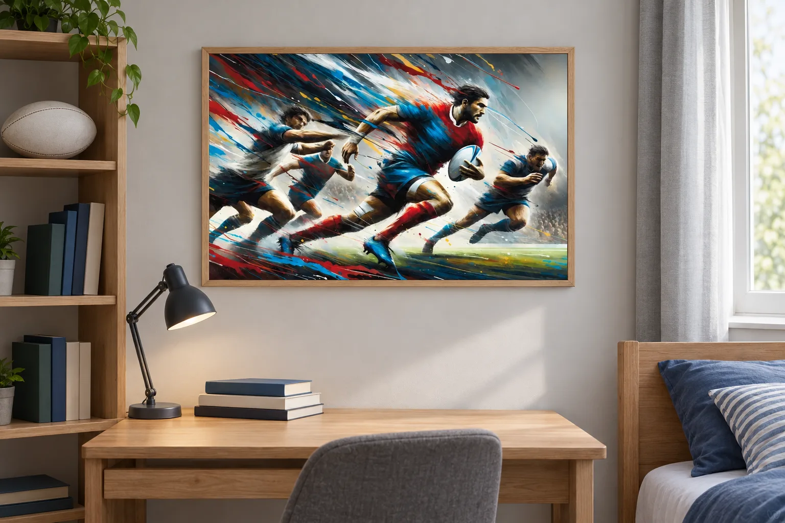 Affiche rugby « Percée foudroyante » encadrée dans une chambre, au-dessus d'un bureau