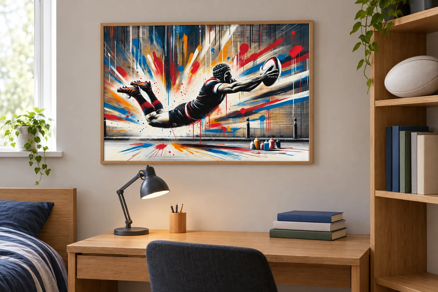 Affiche rugby « Plongeon urbain » encadrée dans une chambre, au-dessus d'un bureau