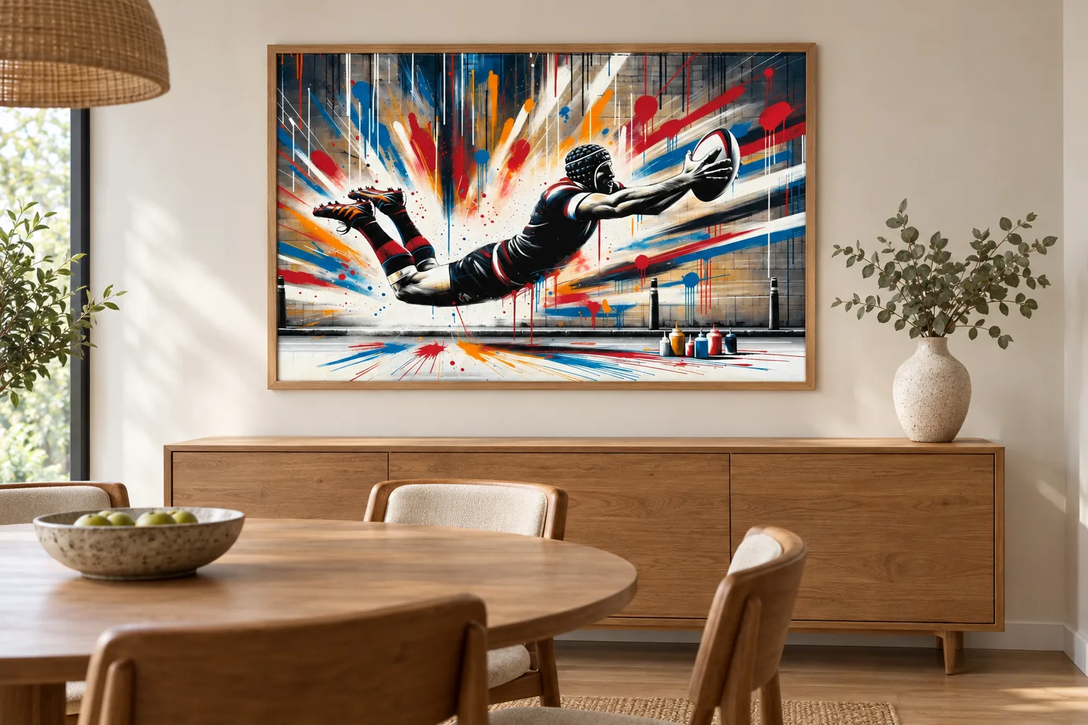 Affiche rugby « Plongeon urbain » encadrée en A1 au-dessus d'un buffet dans une salle à manger
