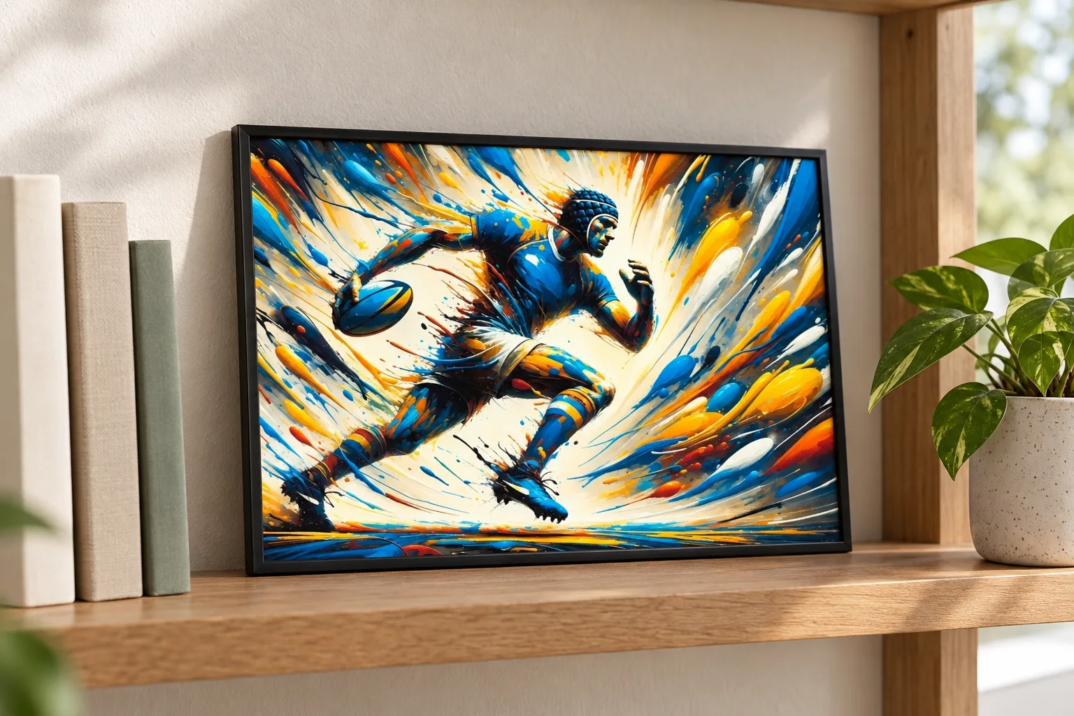 Affiche rugby « Sprint polychrome » encadrée en A3, posée sur une étagère