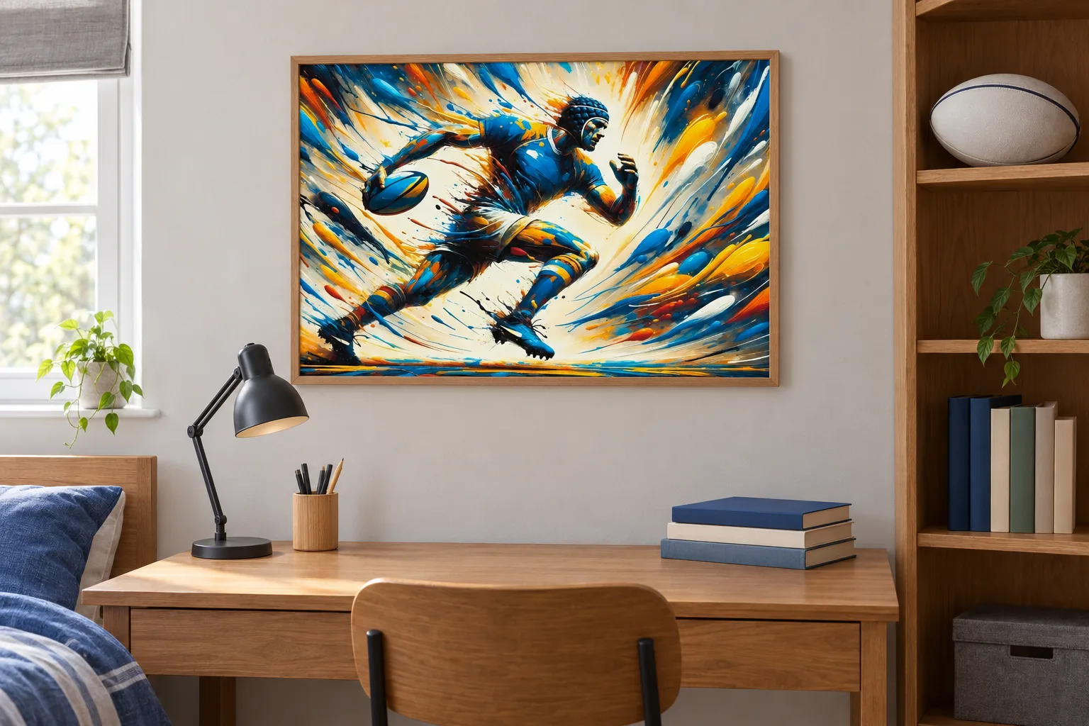 Affiche rugby « Sprint polychrome » encadrée dans une chambre, au-dessus d'un bureau