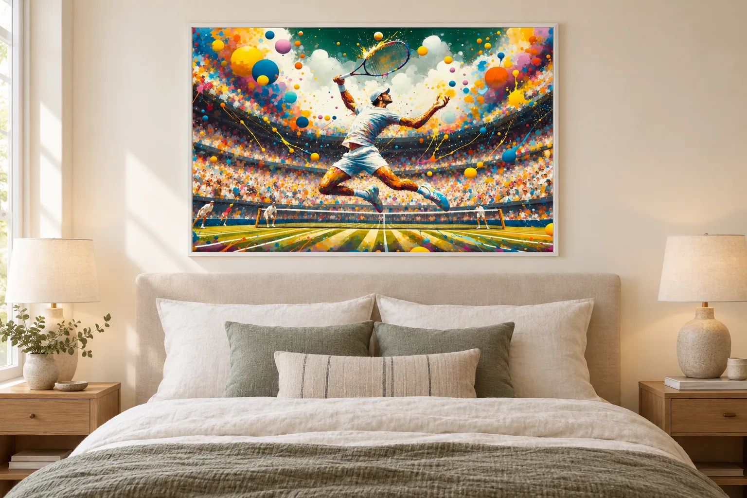 Affiche tennis « Jeu de légendes » encadrée en A1 au-dessus d'un lit