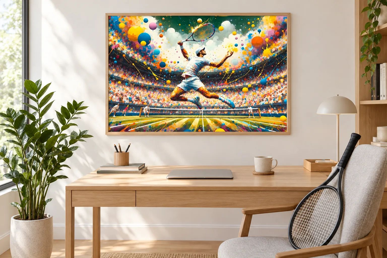 Affiche tennis « Jeu de légendes » au-dessus d'un bureau