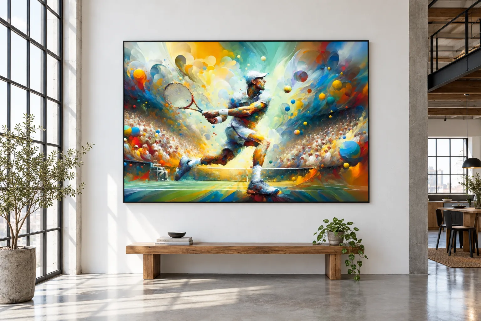 Affiche tennis « Vibration australe » encadrée en A0 sur le grand mur d'un loft