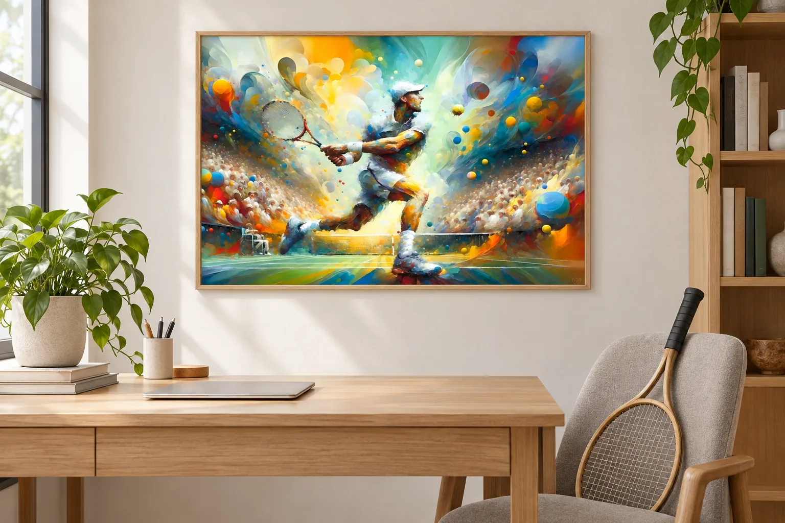 Affiche tennis « Vibration australe » encadrée au-dessus d'un bureau