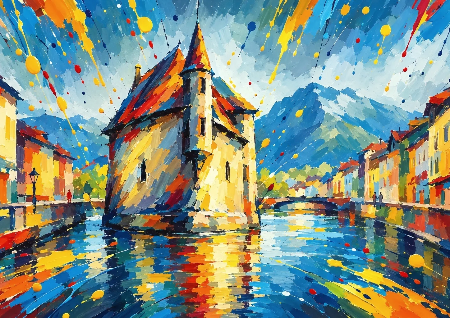 Affiche Annecy - Le Palais de l'Isle au milieu du canal, entre façades colorées et montagnes, sous une pluie de gouttes de peinture