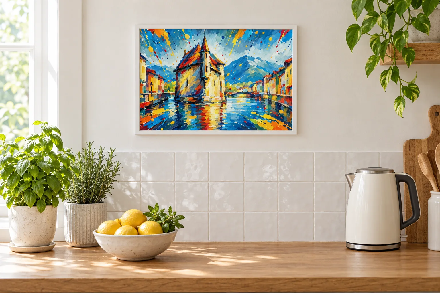 Affiche Annecy « Lac d'Annecy » encadrée en A3 dans une cuisine