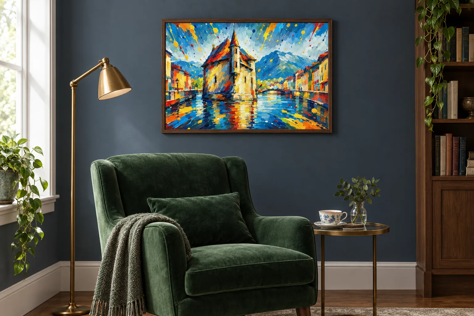 Affiche Annecy « Lac d'Annecy » encadrée en A2 au-dessus d'un fauteuil de lecture