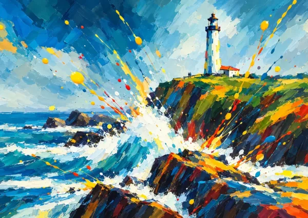 Affiche Biarritz - Le phare blanc sur son cap vert, une vague qui éclate sur les rochers de l'Atlantique