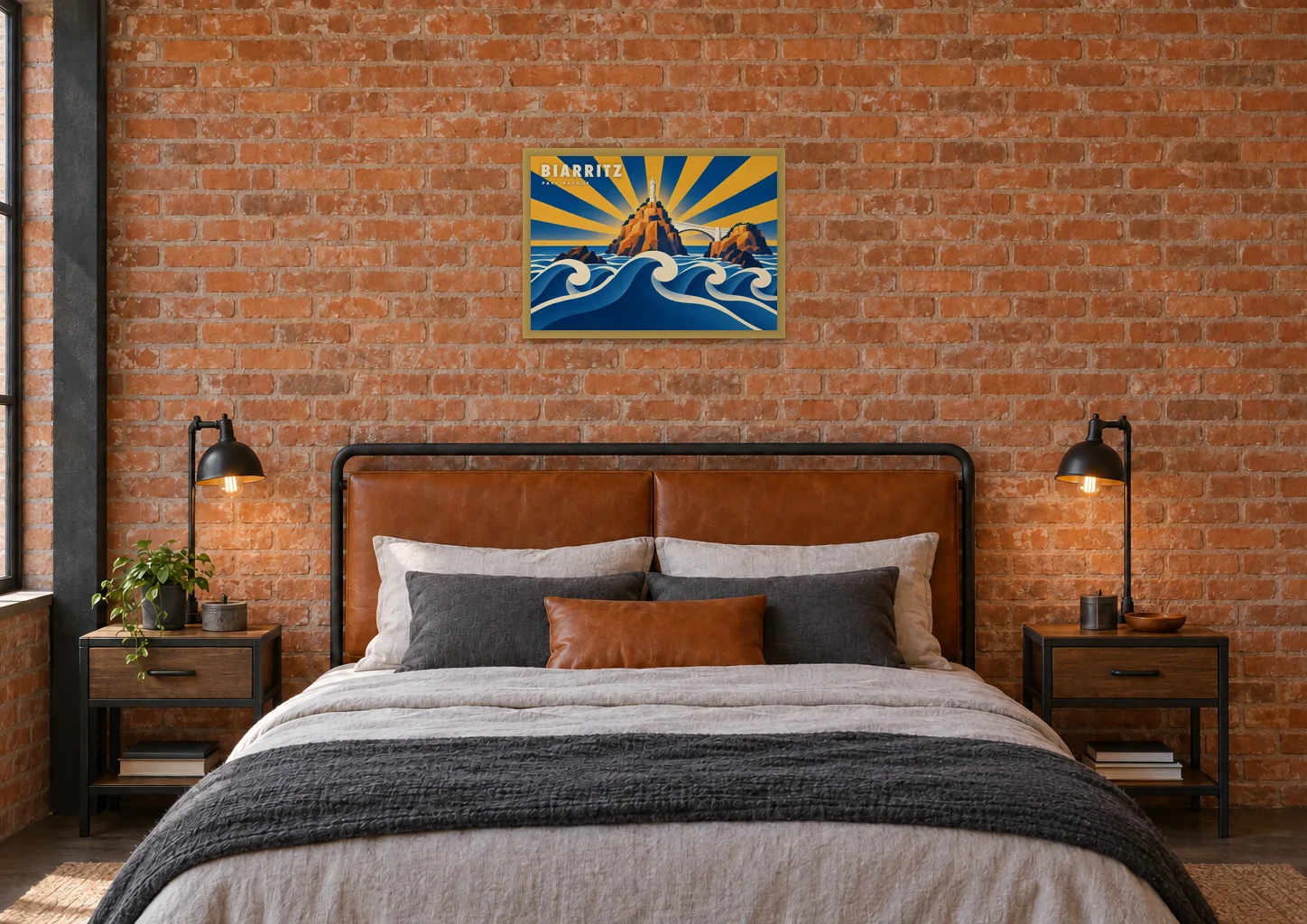 Affiche Biarritz « Biarritz, le Rocher de la Vierge » en A2, encadrée au-dessus d'un lit, déco industrielle