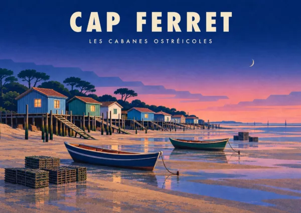 Affiche bassin d'Arcachon Art déco - Cap Ferret, les cabanes ostréicoles