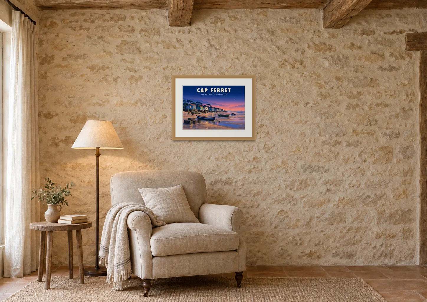Affiche bassin d'Arcachon « Cap Ferret, les cabanes ostréicoles » en A3, encadrée dans un coin lecture, déco campagne