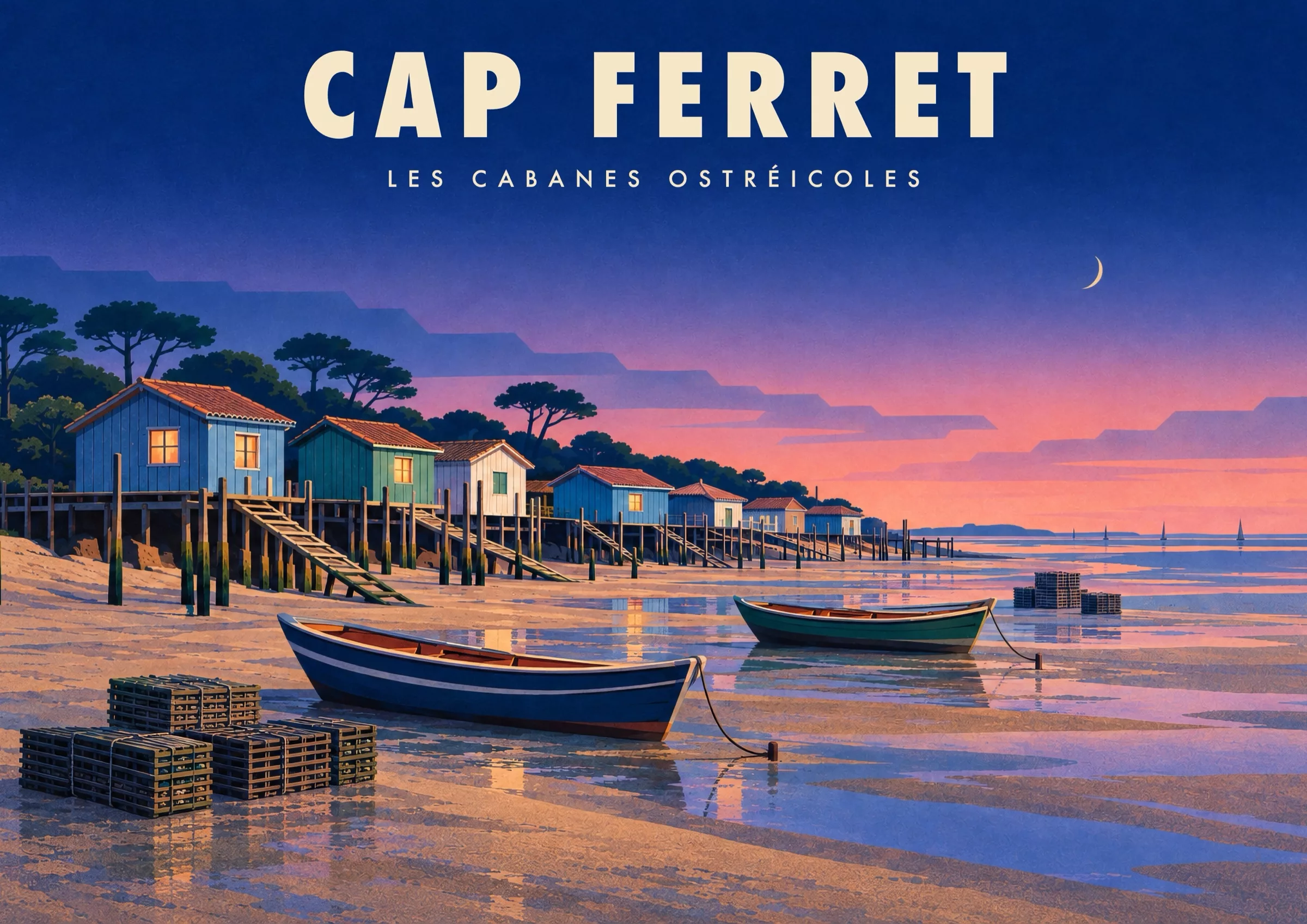Affiche bassin d'Arcachon Art déco - Cap Ferret, les cabanes ostréicoles