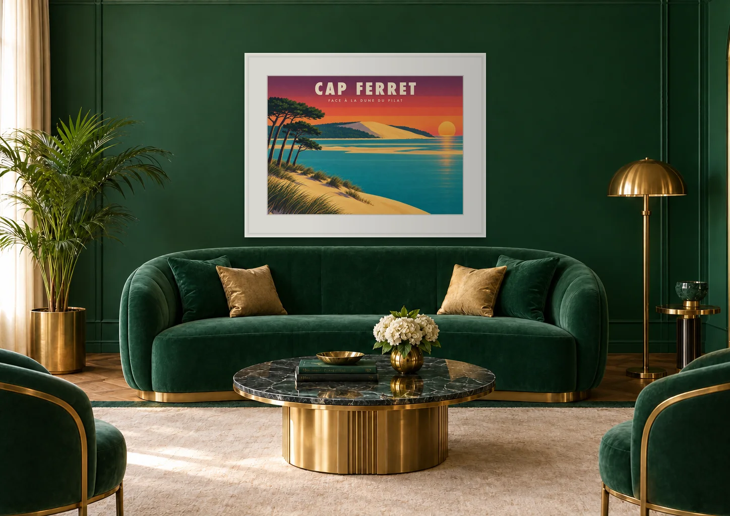 Affiche dune du Pilat « Cap Ferret, face à la dune du Pilat » en A1, encadrée au-dessus d'un canapé, déco Art déco