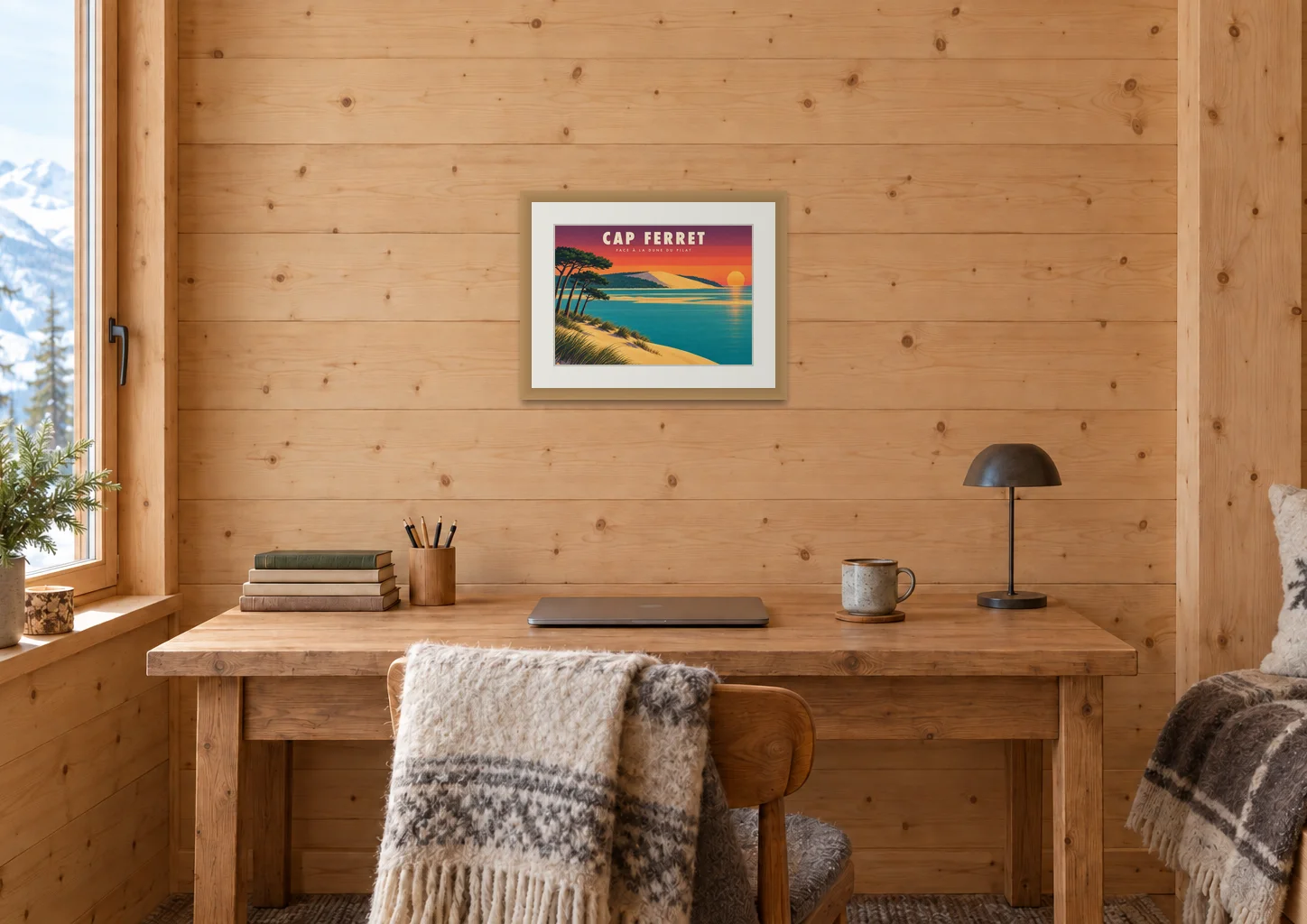 Affiche dune du Pilat « Cap Ferret, face à la dune du Pilat » en A3, encadrée au-dessus d'un bureau, déco chalet