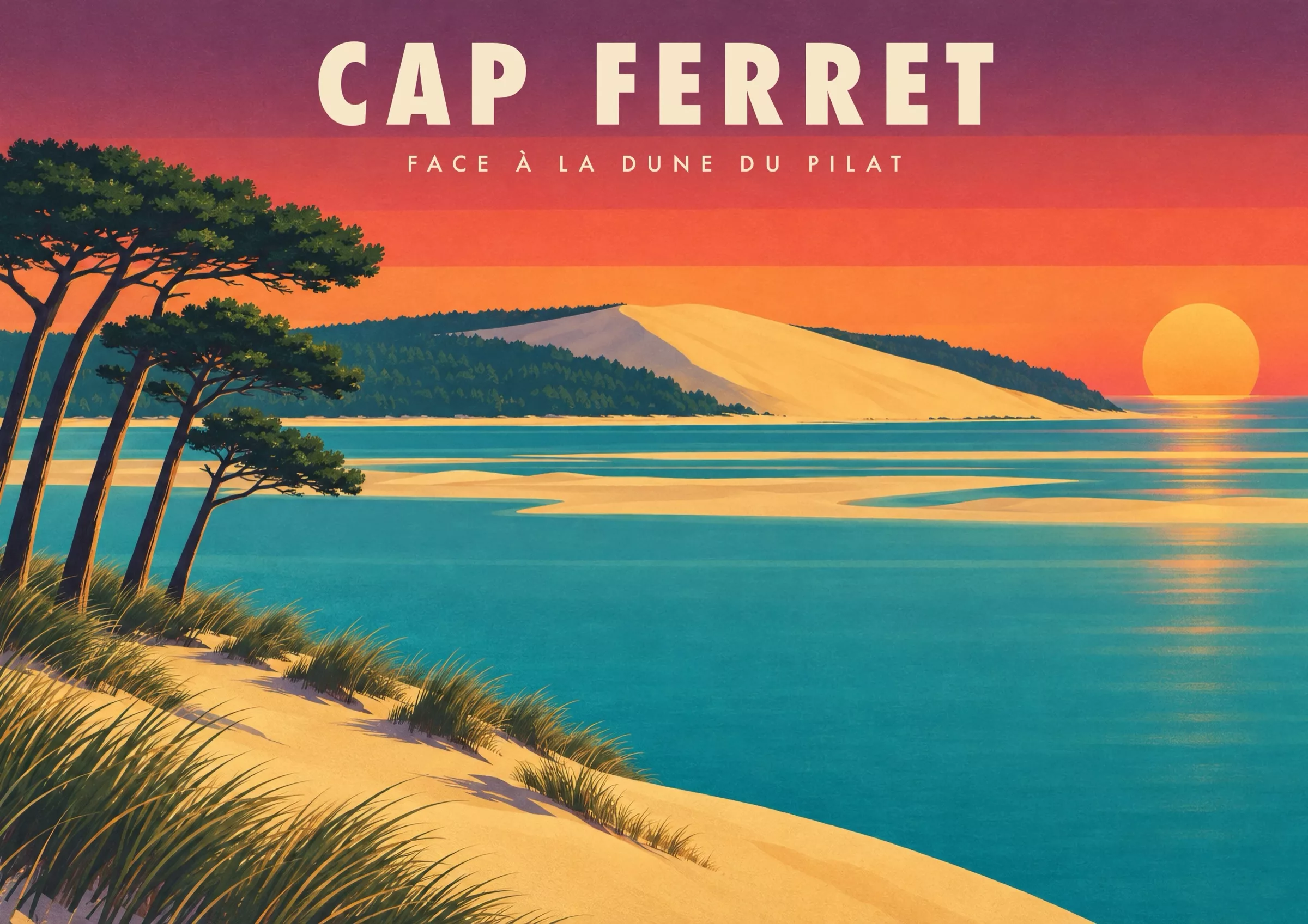 Affiche dune du Pilat Art déco - Cap Ferret, face à la dune du Pilat