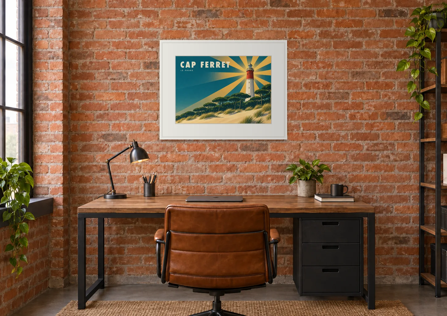 Affiche Cap Ferret « Cap Ferret, le phare » en A2, encadrée au-dessus d'un bureau, déco industrielle